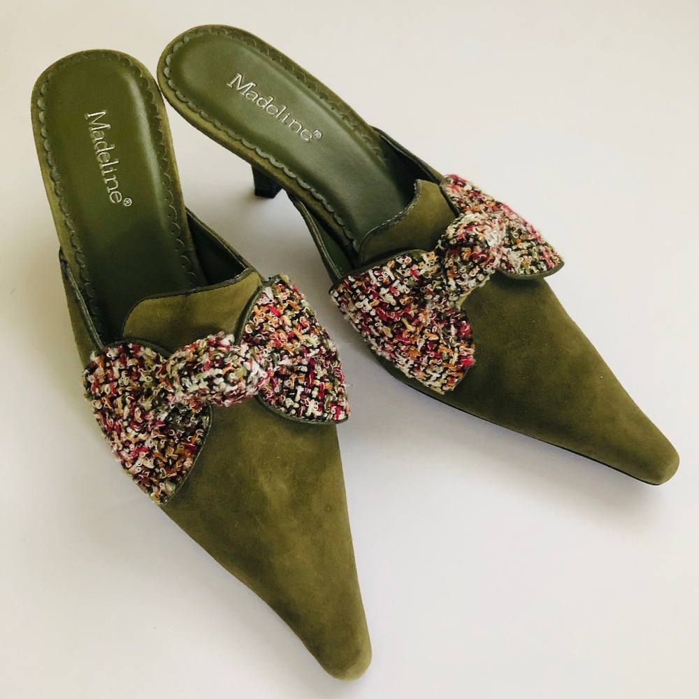 Madeline Olive Green Suede Pointed-Toe Mules with Multicolor Tweed Bow